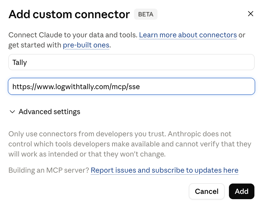 Adding Tally as a custom connector in Claude