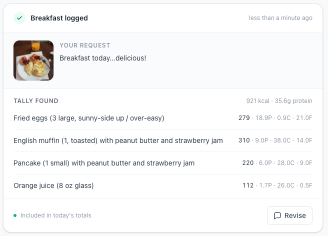 A photo food log receipt showing the submitted breakfast photo, detected foods, macro estimates, and Revise action