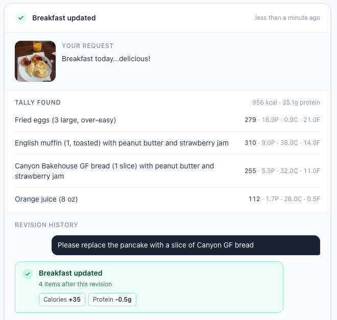 The updated photo food log showing corrected foods, macro changes, and the saved revision history